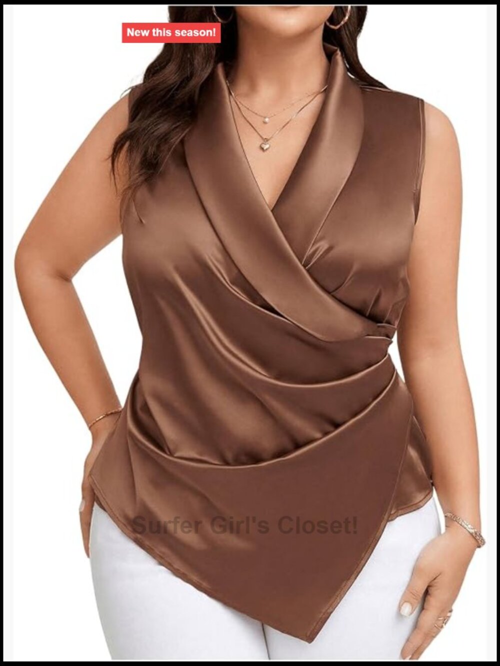 Plus Size Satin Wrap V Neck Sleeveless Asymmetrical Hem Tank Top
